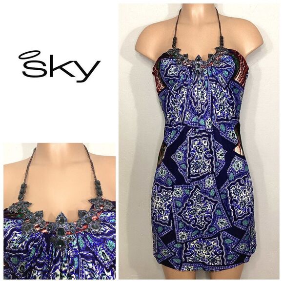 New. SKY silk halter mini dress with bling embellishment. Retails $269 - Picture 1 of 9